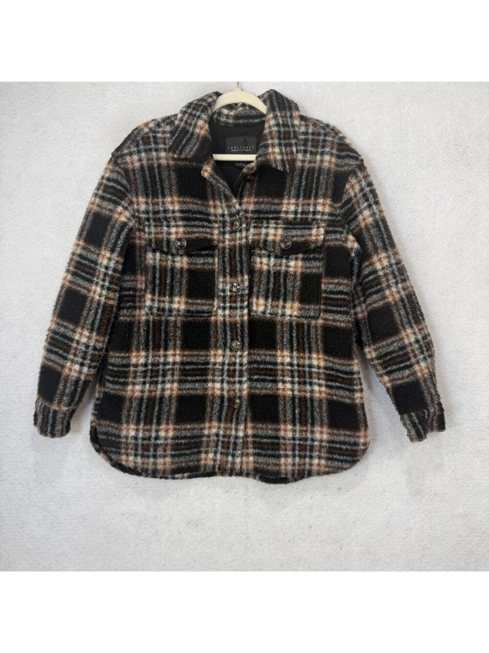 Sanctuary Jacket Womens Small Black Brown Plaid Fuzzy Button Front Lined Shacket